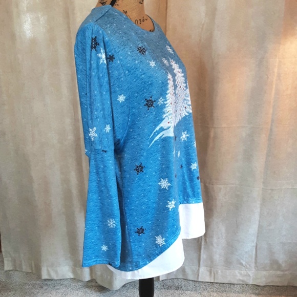 Winter Scene Trees Long Blue Tunic Long Sleeve Sz L - Picture 3 of 13